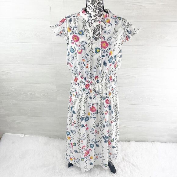 Anthropologie Current Air Floral Ruffle Flutter Sleeve Tie Collar Midi Dress - Picture 1 of 8